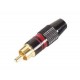 RCA PLUG MALE RED, TIP GOLD PLATED, BLACK METAL HO