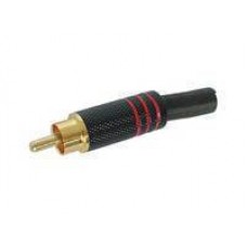 RCA PLUG MALE RED, TIP GOLD PLATED, BLACK METAL HO